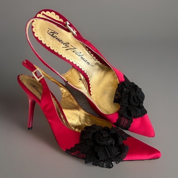 Beverly Feldman Sling Back Heels Women 8.5 Vintage Red Satin Black Lace Spain - Picture 1 of 16